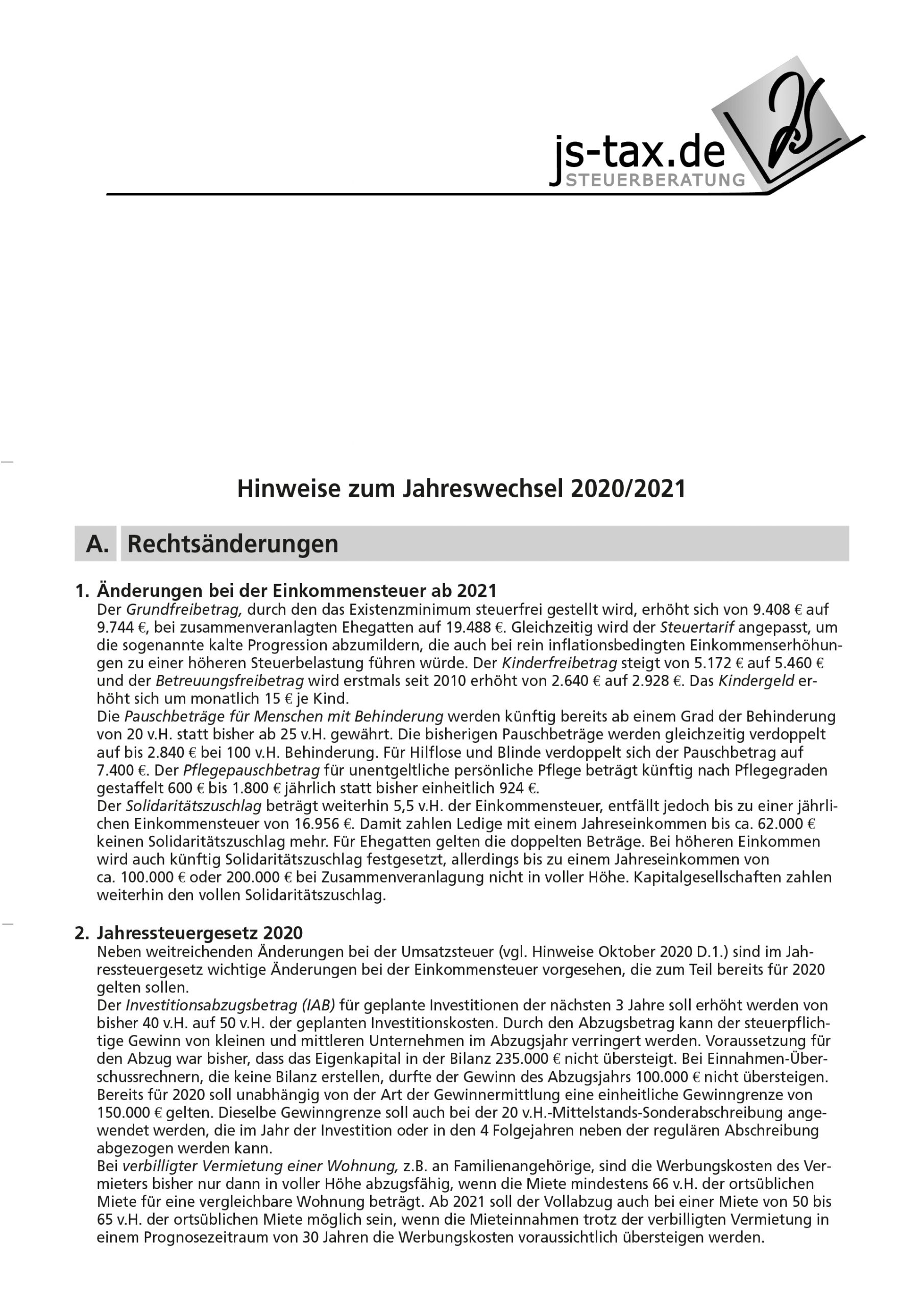 js-tax Steuerberatung Mandantenrundschreiben 2020-12 S1