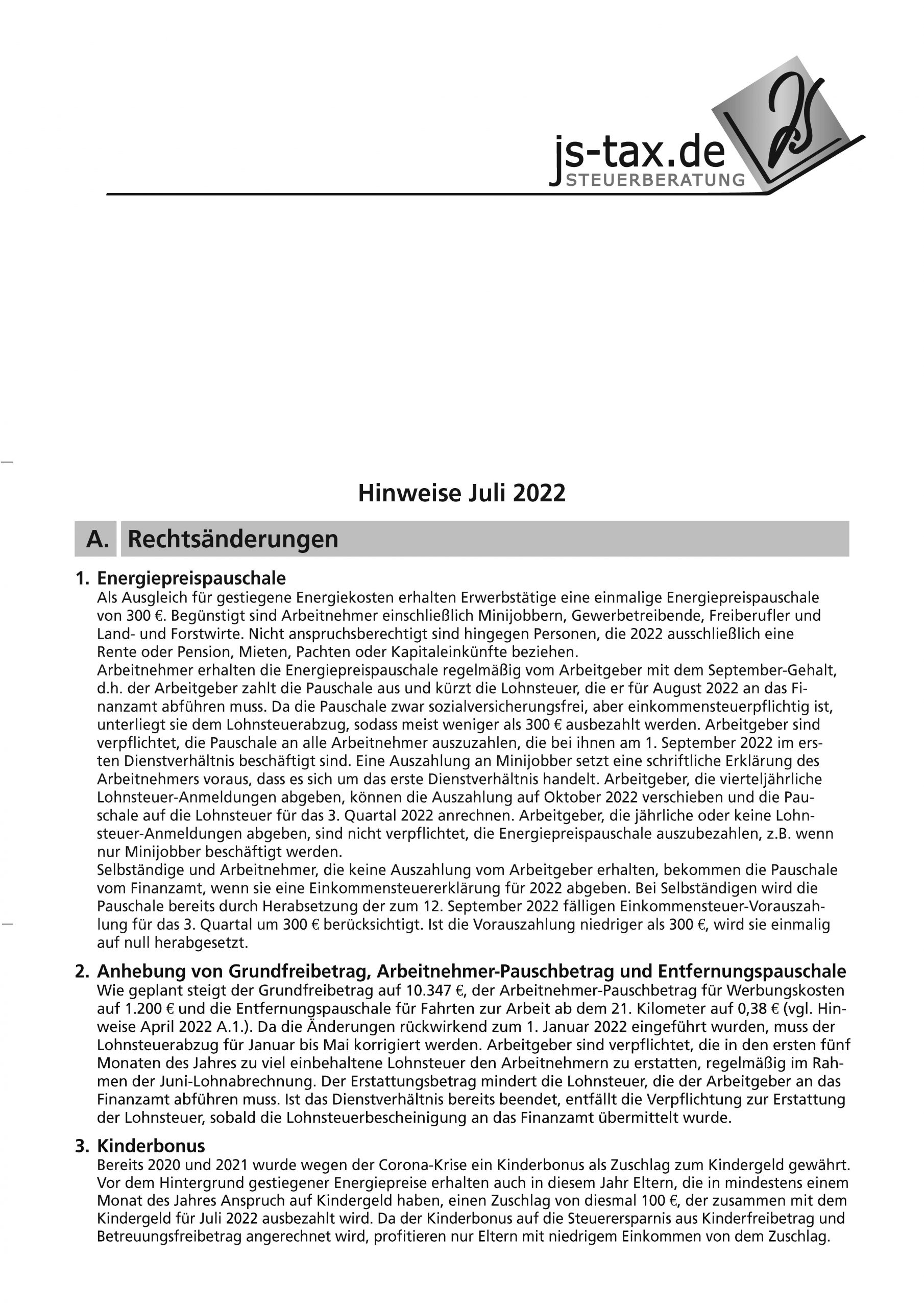 js-tax Steuerberatung Mandantenrundschreiben 2022-07 S1