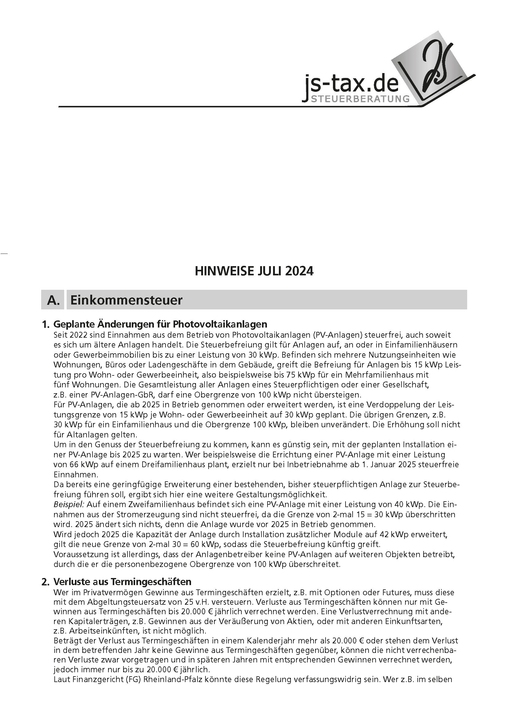 js-tax Steuerberatung Mandantenrundschreiben 2024-07 S1