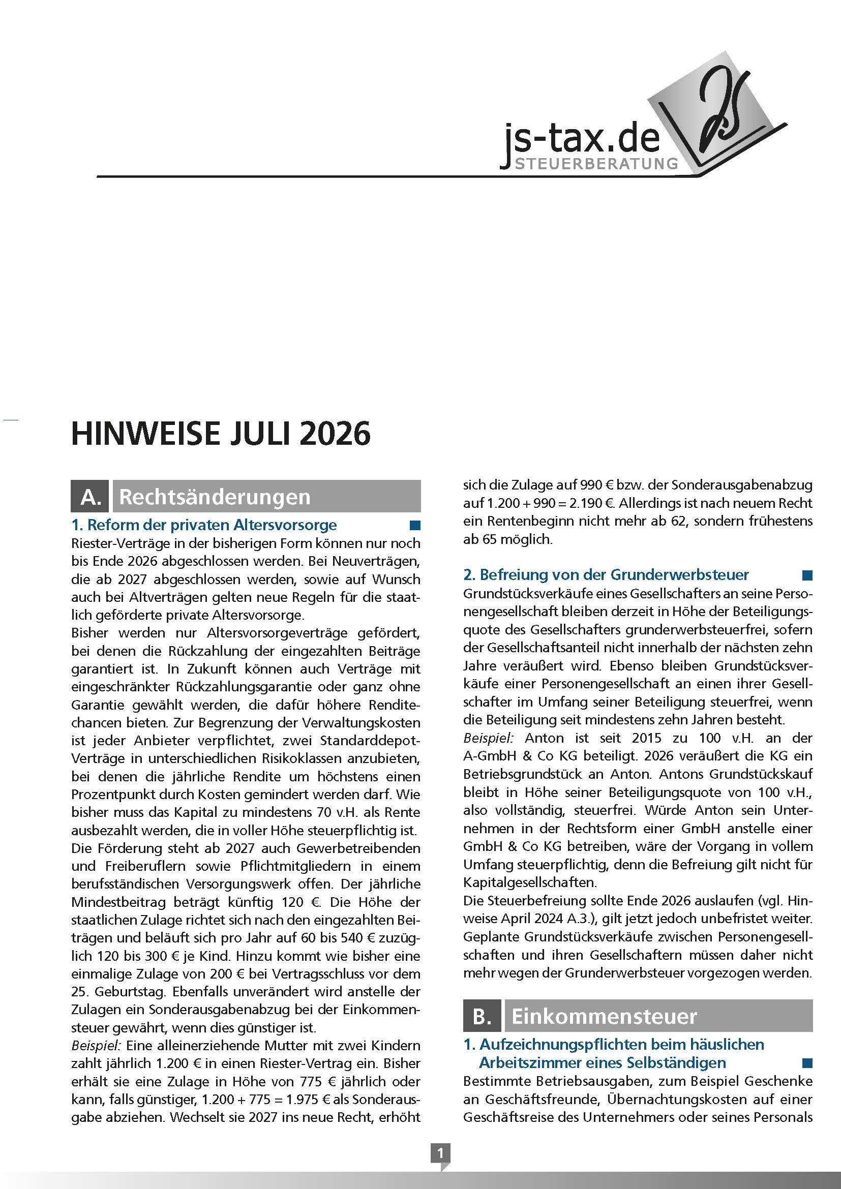 js-tax Steuerberatung Mandantenrundschreiben 2026-07_S1
